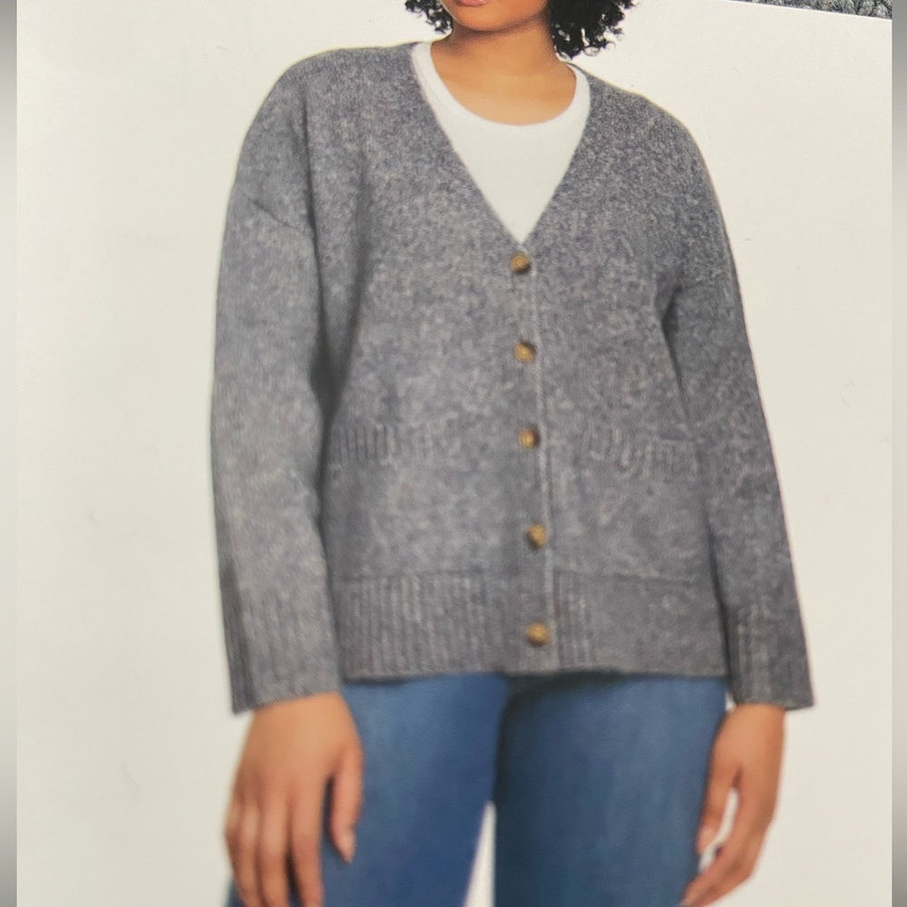 Ella Moss Womens Cardigan Gray Sweater Pockets V-Neck Long Sleeves Button Front